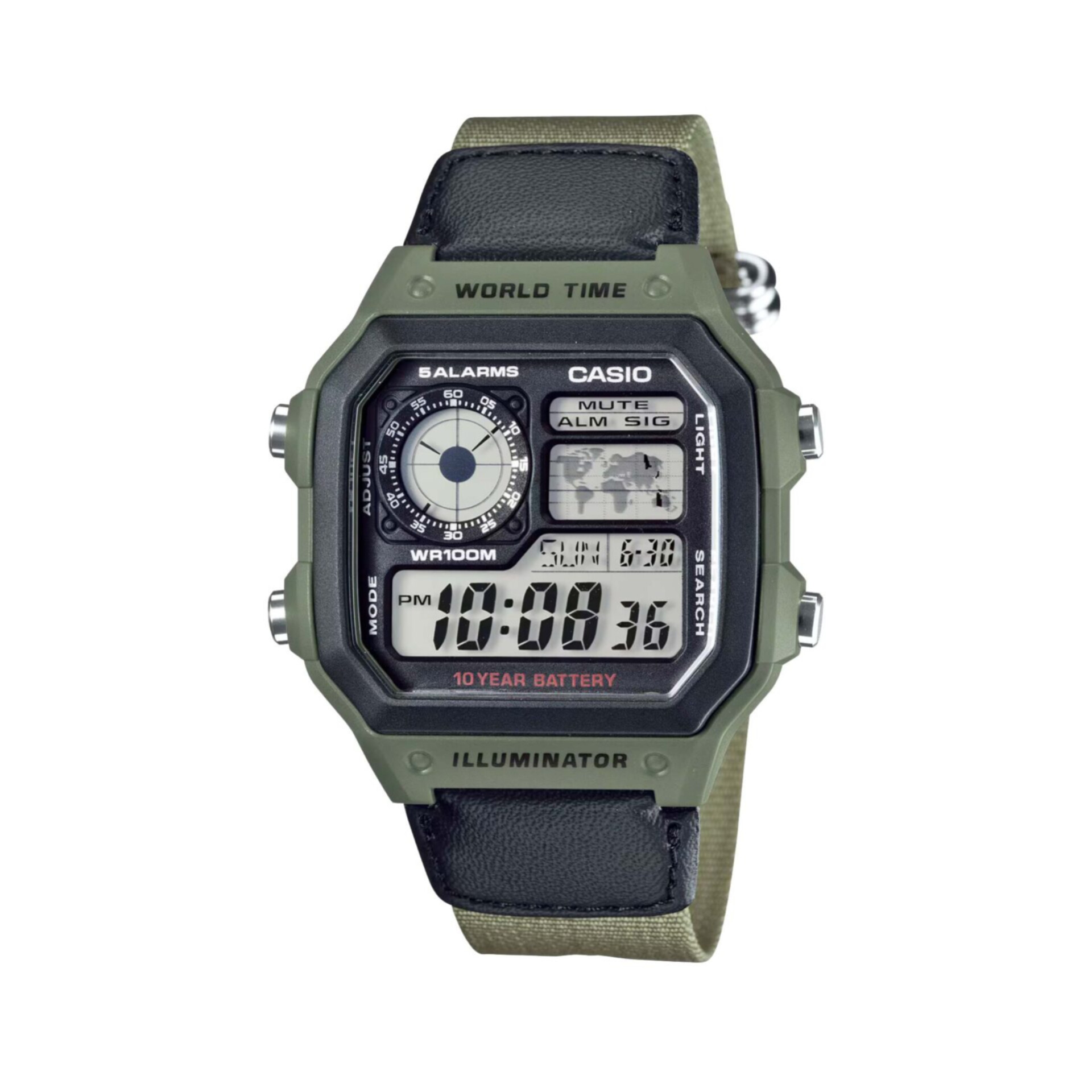 ساعت دیجیتال Casio AE-1200WHB-3B با بند پارچه‌ای سبز زیتونی